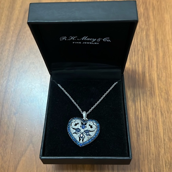 Macys Fine Jewelry- Sapphire, diamond and sterling silver heart pendant necklace - Picture 1 of 3